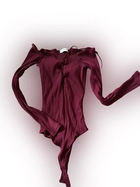 Better Be Ribbed Lace-Up Long Sleeve Bodysuit - Burgundy Wine